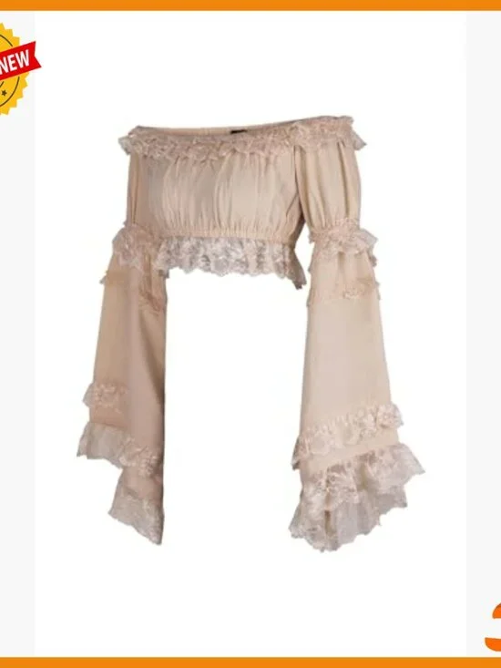 Beige Crepe Smocked Flare Sleeve Peasant Top Off Shoulder Blouse - Picture 2 of 3